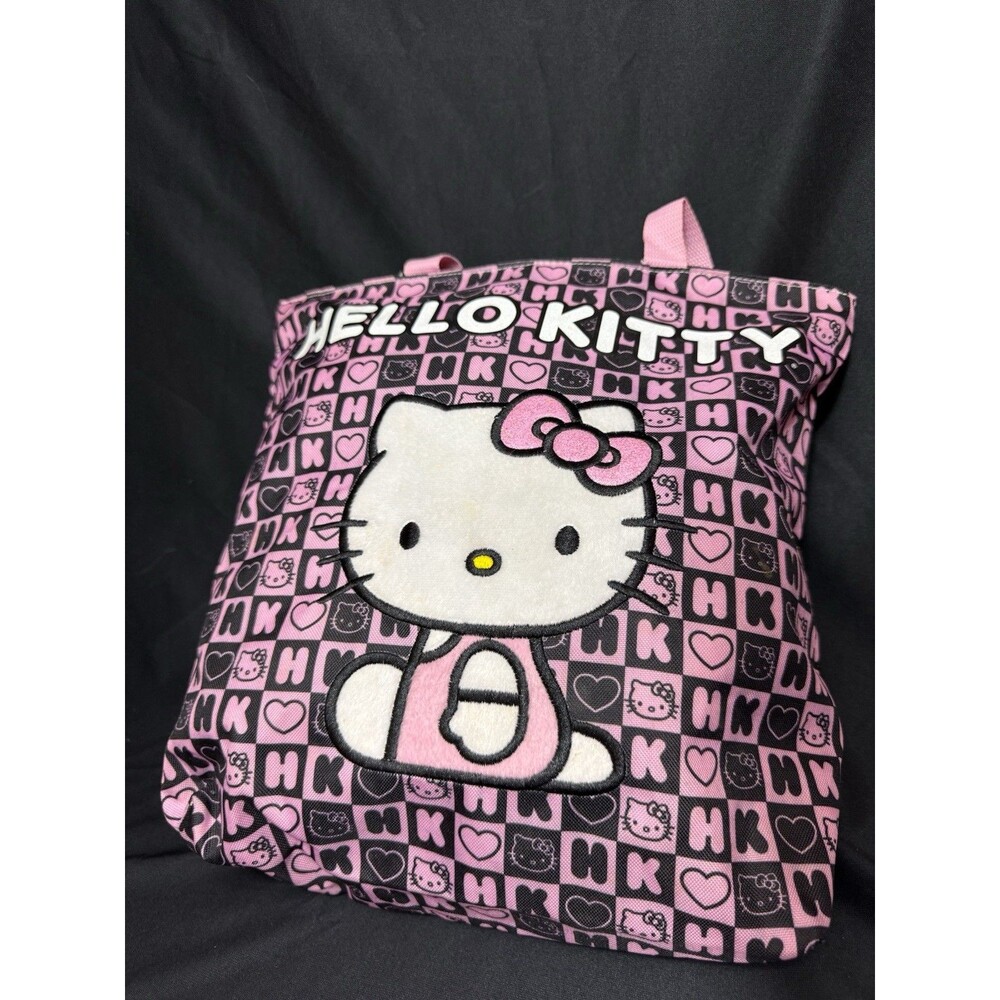 2012 Sanrio Hello Kitty Pink Black Checkered HK Hearts Tote Bag - Kawaii Embroid - Picture 2 of 11